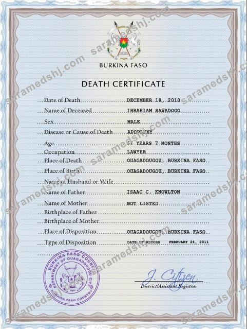 Burkina Faso vital record death certificate PSD template